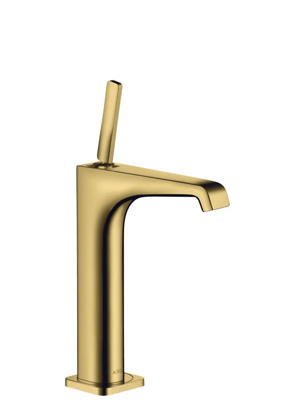 Goldener einarmiger Waschtischmischer von AXOR mit geradem Auslauf und Hebelgriff, geeignet für Aufsatzwaschtische.